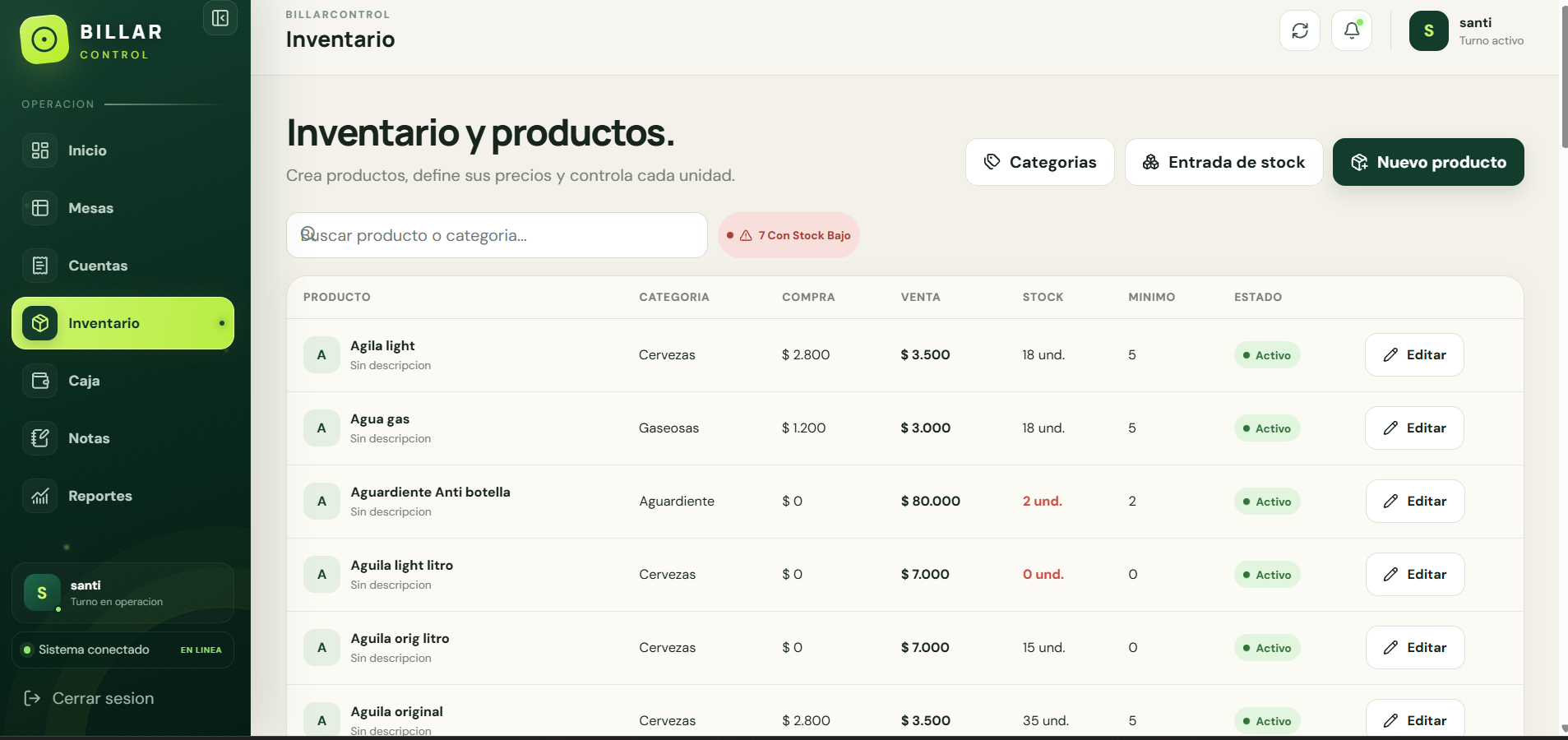 Inventario Billar